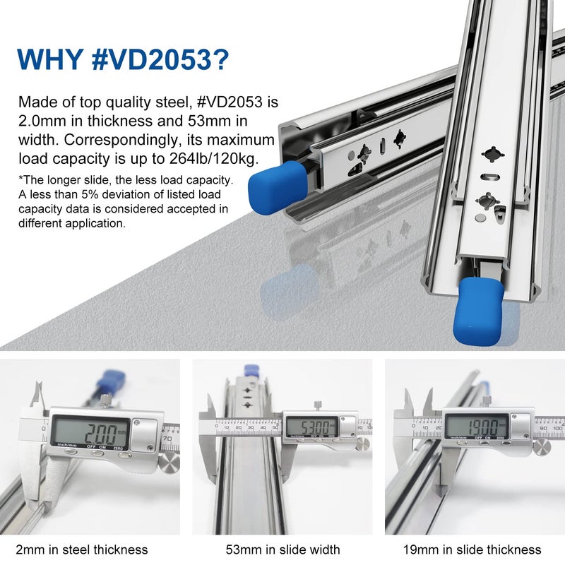 VADANIA 24" Heavy Duty Drawer Slide with Lock #VD2053, 2" Width Up to 218lb Load Capacity, 3-Fold Full Extension, Ball Bearing Lock-in & Lock-Out, Side Mount, 1-Pair - Image 3